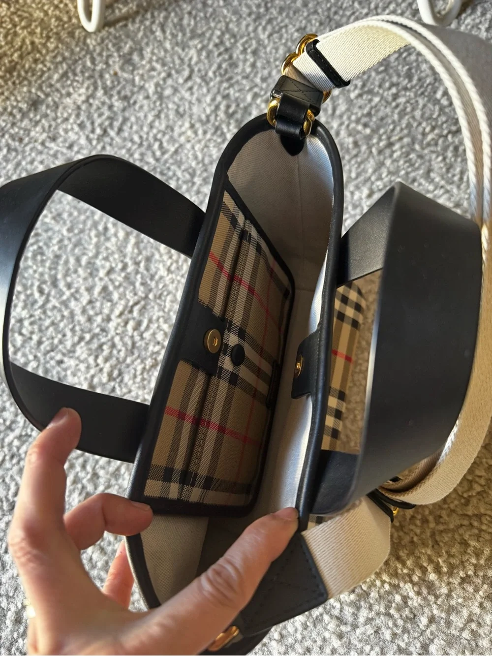 Burberry Beige Plaid Tote with Black Handles and Red Stripe